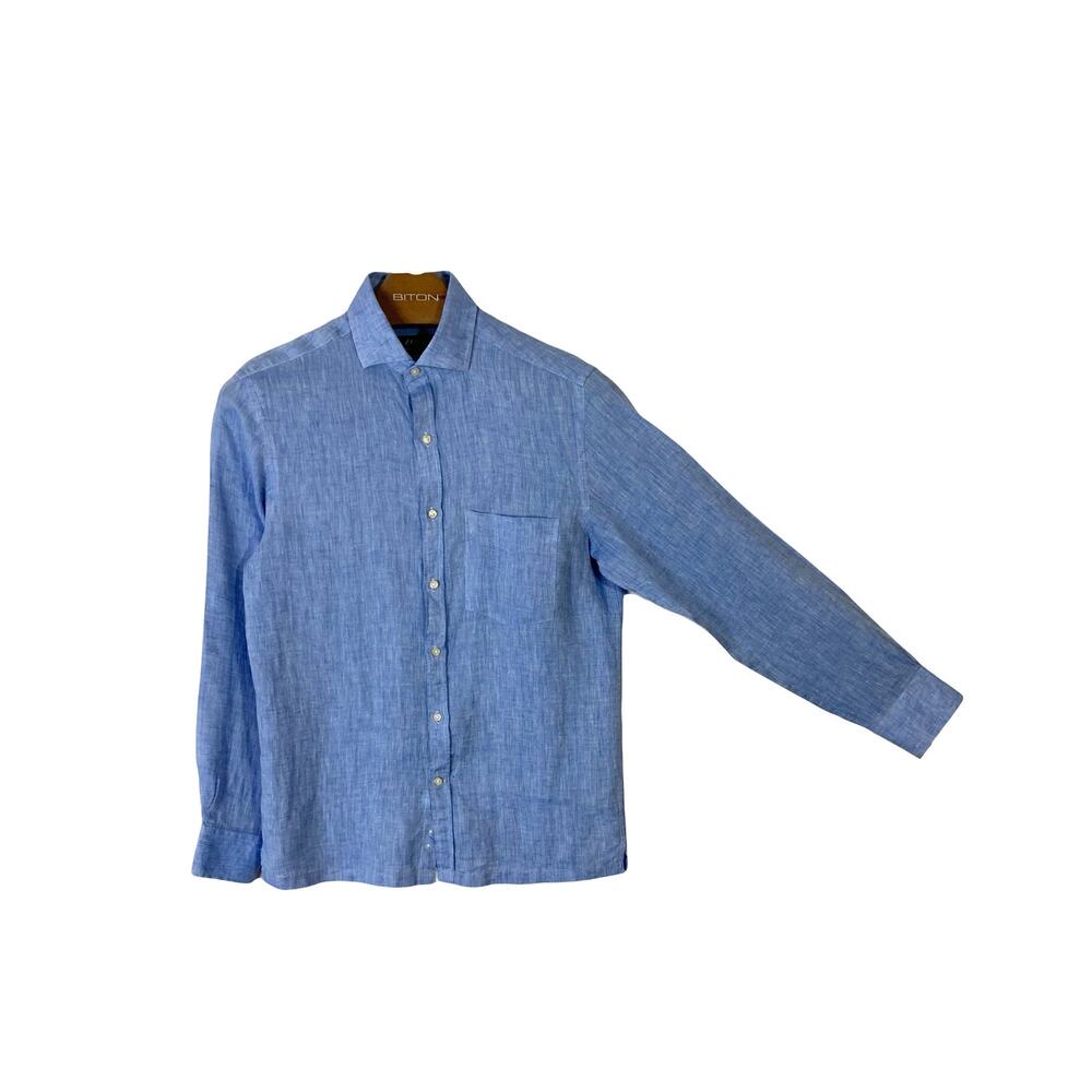 NWOT ZODIAC Button Shirt Men 15” Medium Blue Linen Classic-Fit Long-Sleeve